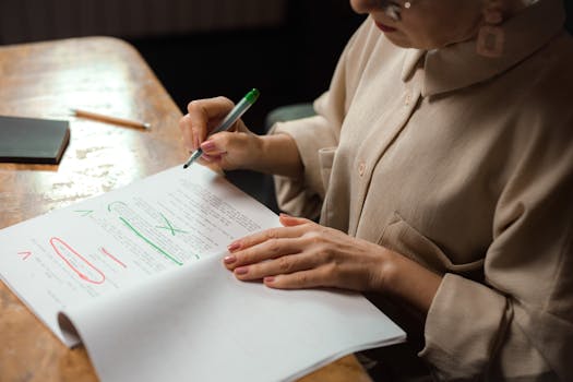 Close-up of a senior woman editing a manuscript at a desk with a green marker indoors.